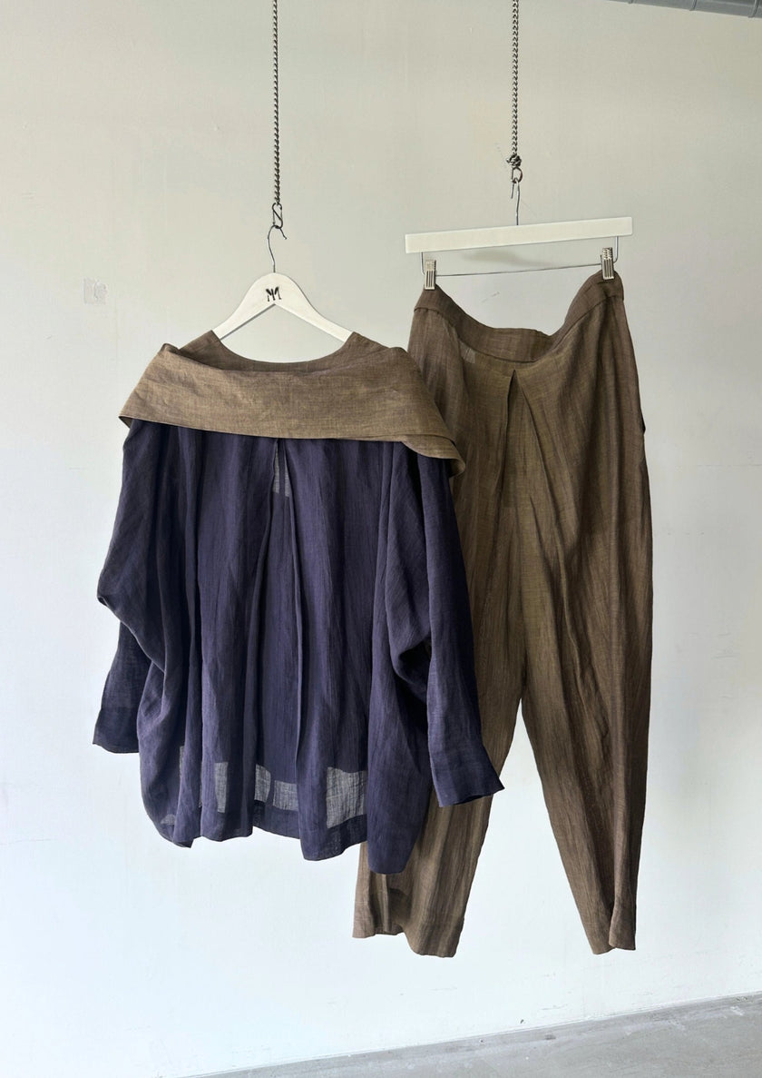 ISSEY MIYAKE - 1990s 2 PIECES SET CONTRASTING TROUSERS AND BLOUSE
