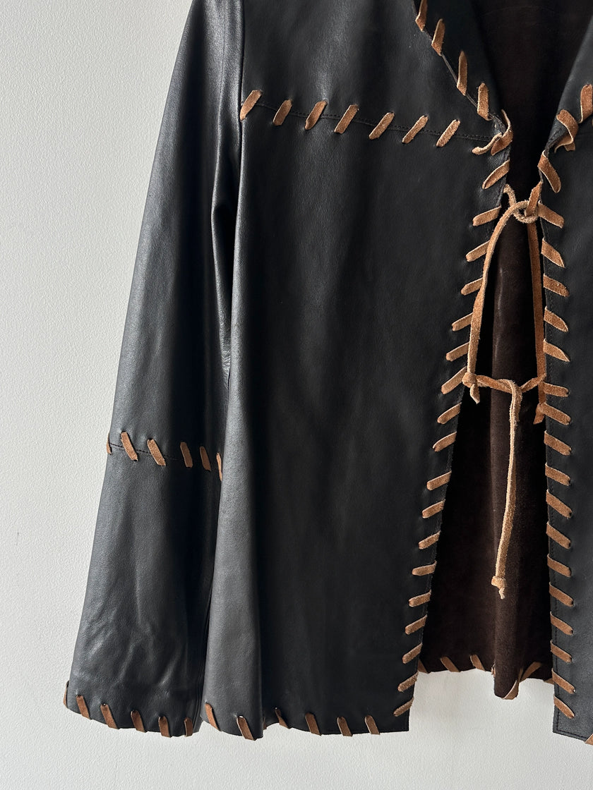 ITALIAN LABEL early 2000s OPEN FRONT LEATHER JACKET WITH WHIPSTITCH DETAILS