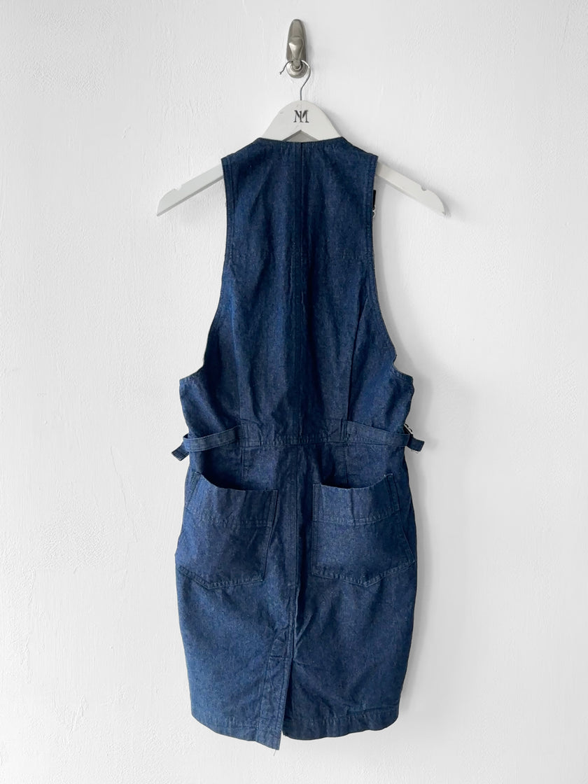 ISSEY MIYAKE PLANTATION - 1980s DENIM MINI DUNGAREE DRESS