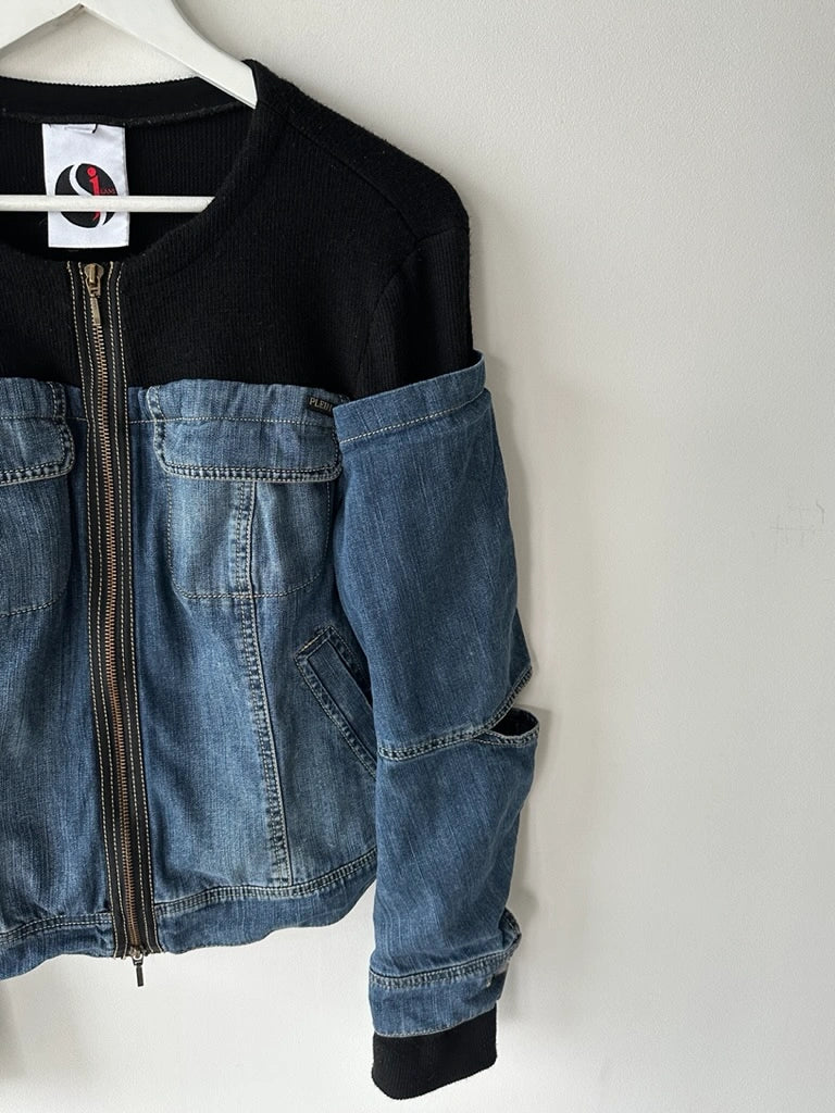 PLEIN SUD - early 2000s CROP FIT HYBRID DENIM JACKET WITH OPEN ELBOW SLITS