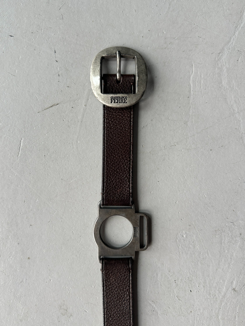 GIANFRANCO FERRÉ - 1990s LEATHER BELT WITH GEOMETRIC METAL CONNECTORS