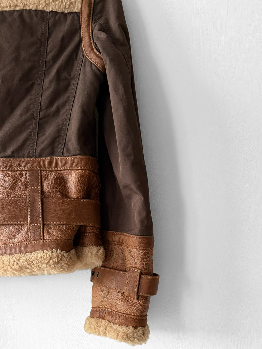 ITALIAN LABEL 1980s PANELLED JACKET WITH LEATHER PANELS AND SHEARLING COLLAR AND TRIMS
