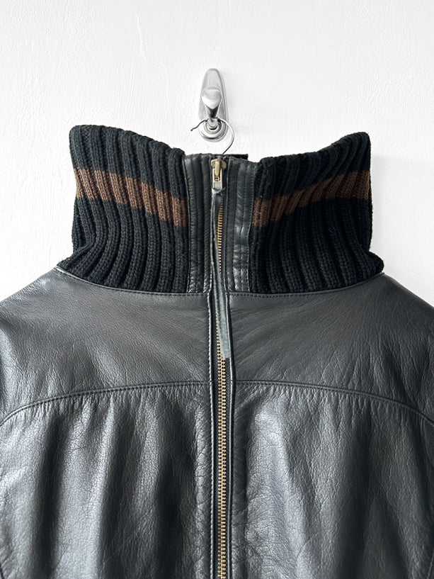JAPANESE LABEL - late 1990s LEATHER JACKET WITH KNITTED HEM AND ZIP AT BACK