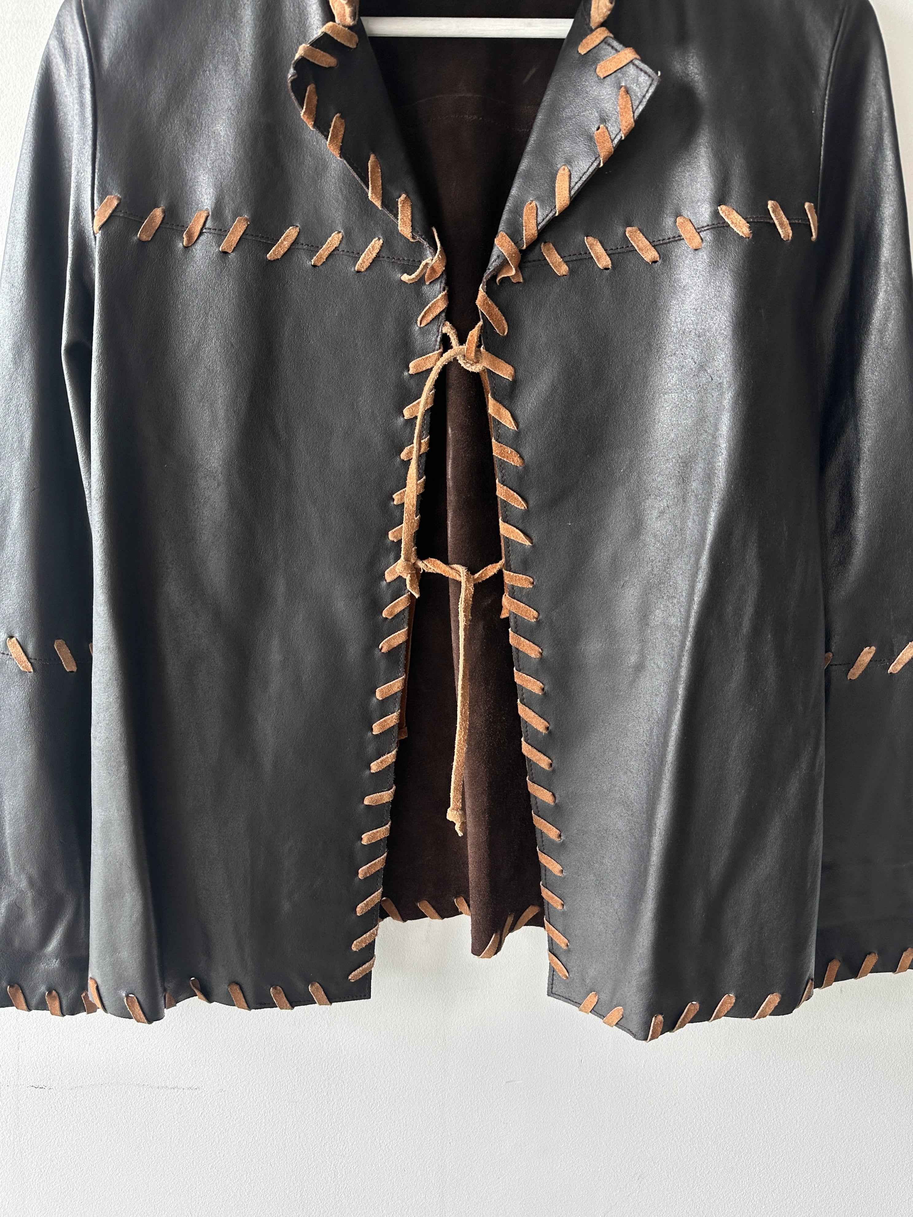 ITALIAN LABEL early 2000s OPEN FRONT LEATHER JACKET WITH WHIPSTITCH DETAILS