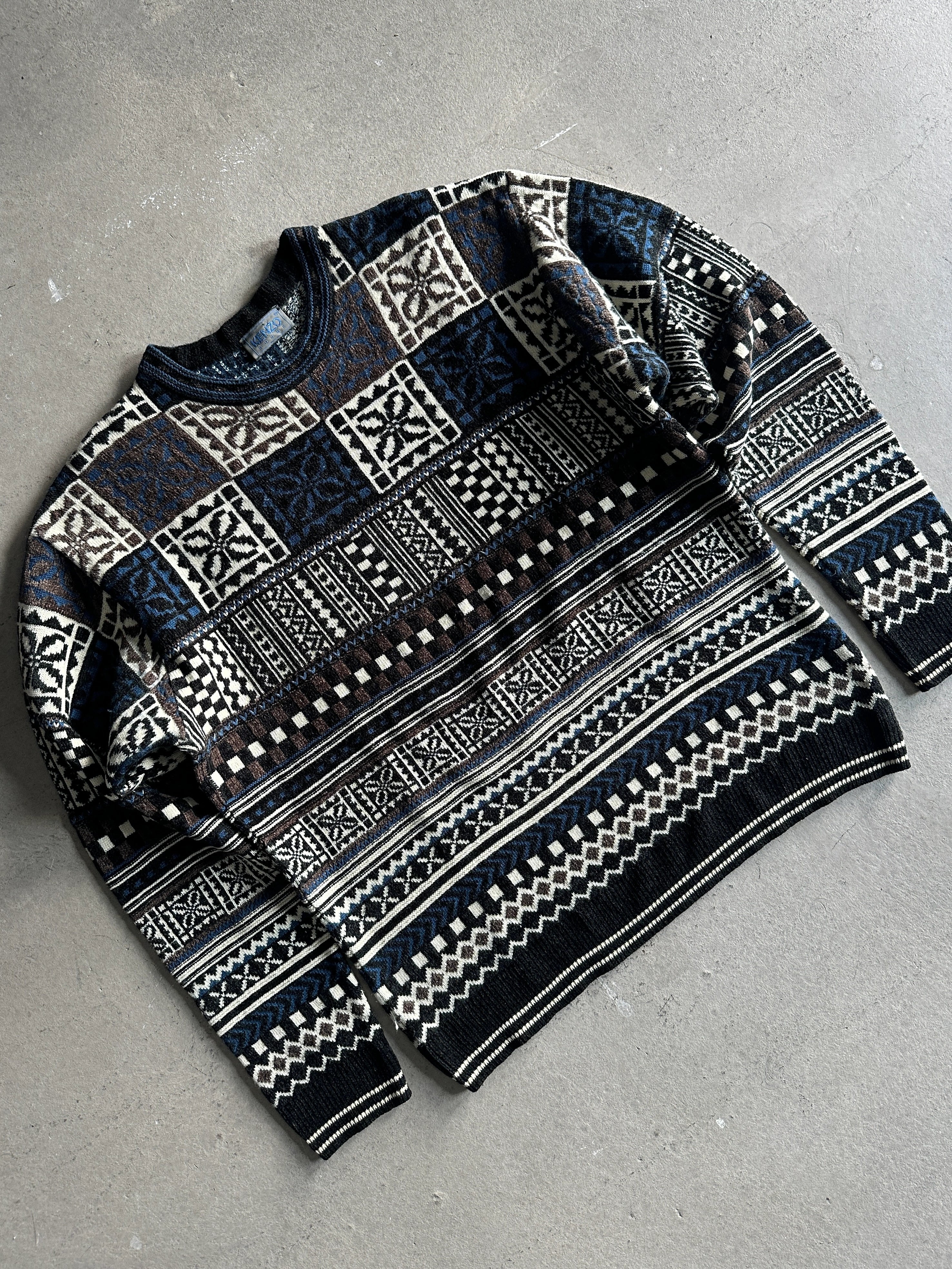 KENZO - 1980s JACQUARD PRINT ROUND NECK JUMPER