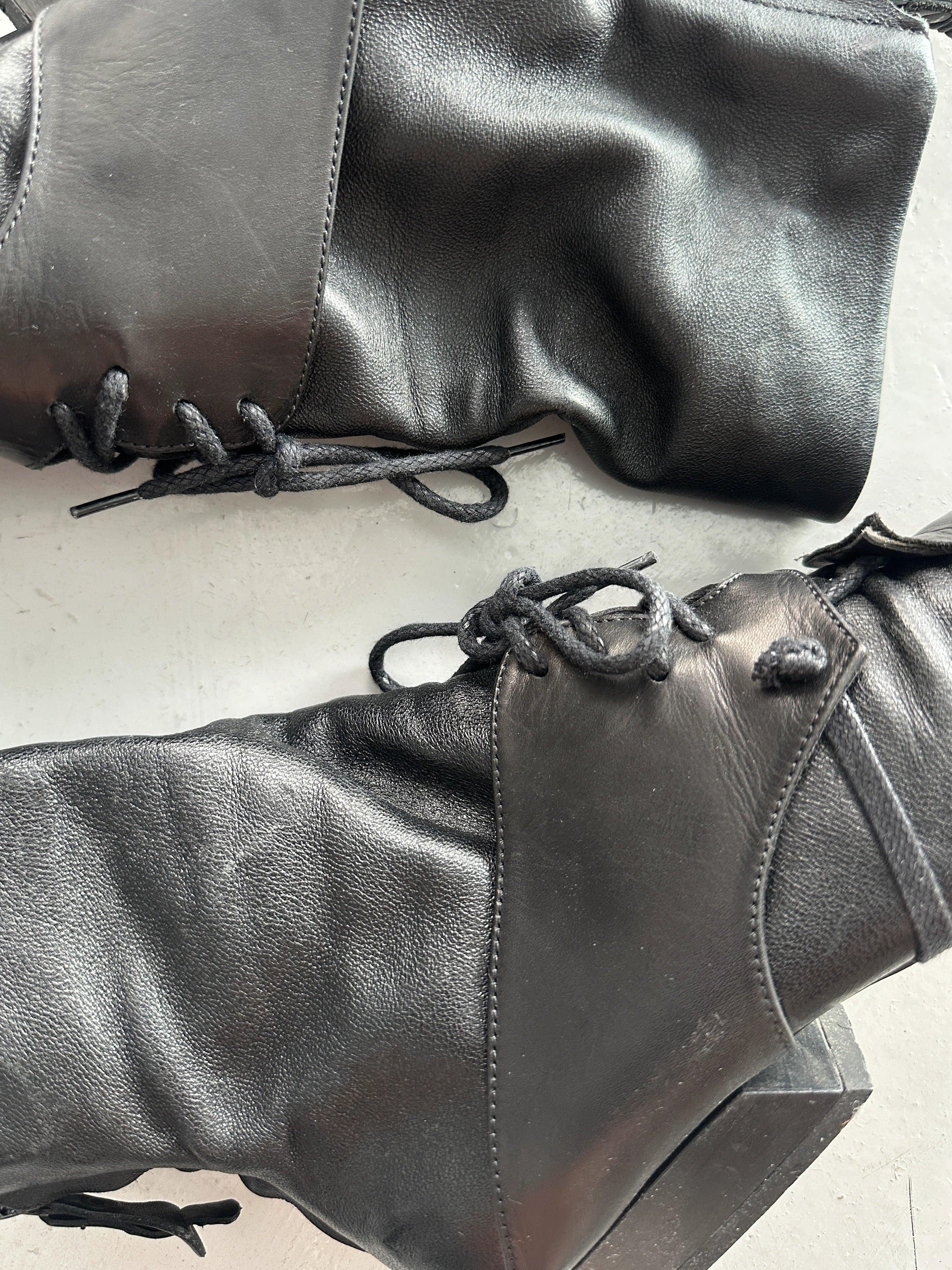 MARITHÉ + FRANÇOIS GIRBAUD - early 2000s SOFT LEATHER ANKLE BOOTS WITH LACE WRAPAROUND DETAILING