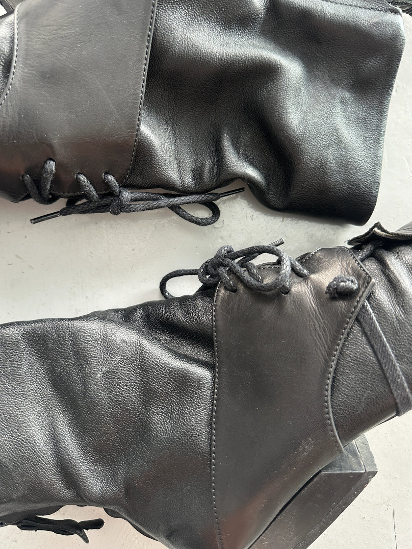 MARITHÉ + FRANÇOIS GIRBAUD - early 2000s SOFT LEATHER ANKLE BOOTS WITH LACE WRAPAROUND DETAILING
