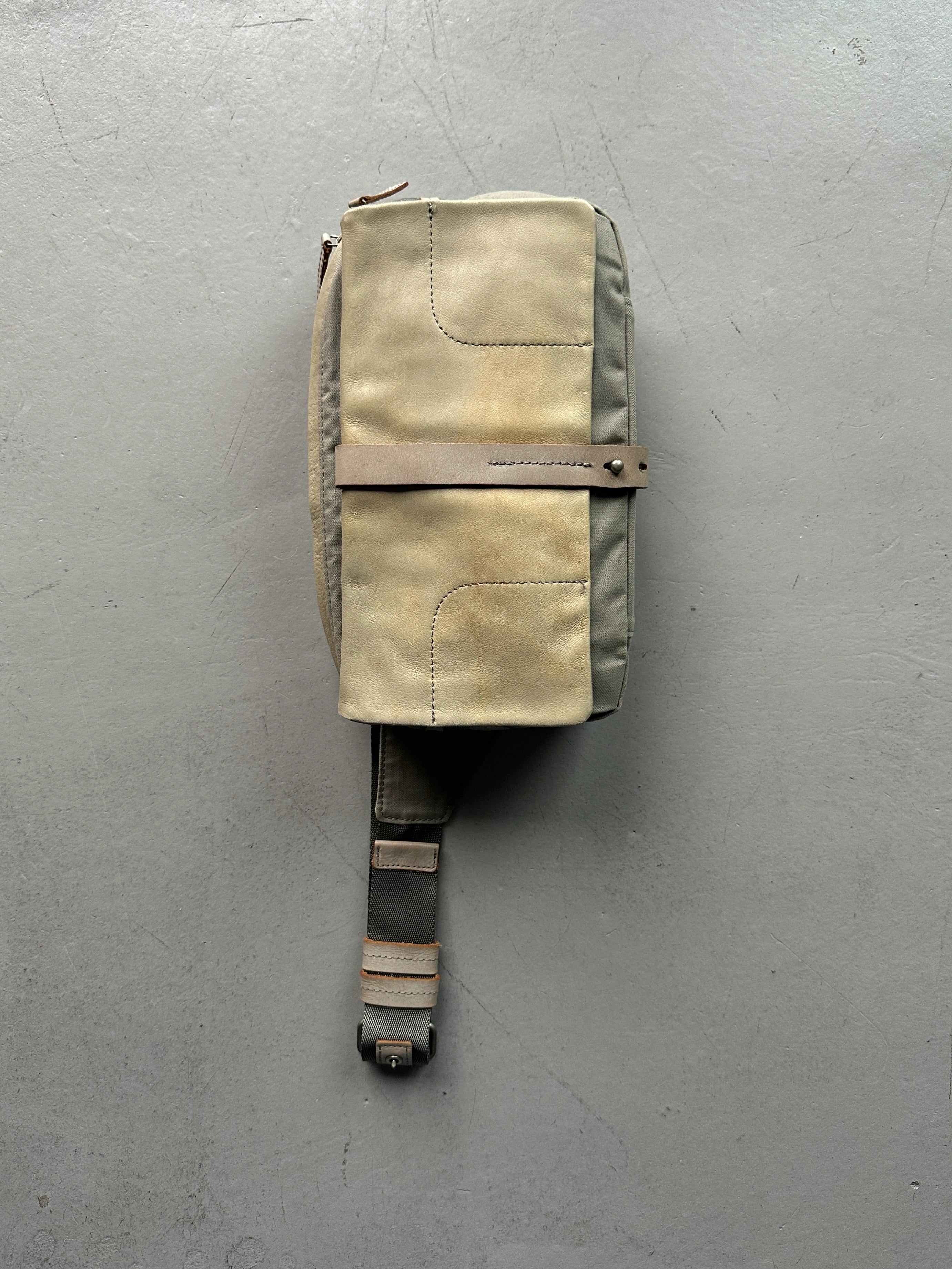 YOHJI YAMAMOTO Y'SACCS - 1990s RECTANGULAR BUM BAG WITH DISTRESSED LEATHER FRONT PANEL
