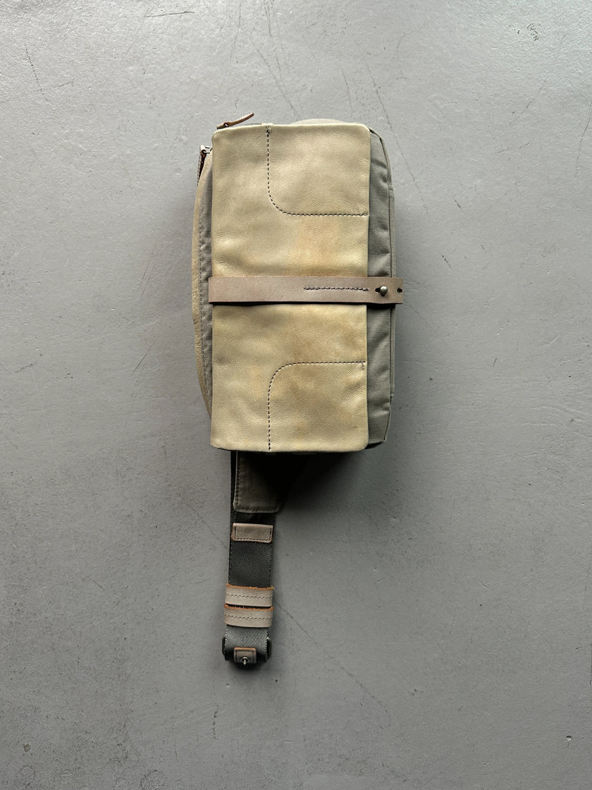 YOHJI YAMAMOTO Y'SACCS - 1990s RECTANGULAR BUM BAG WITH DISTRESSED LEATHER FRONT PANEL