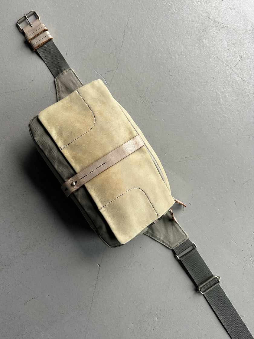 YOHJI YAMAMOTO Y'SACCS - 1990s RECTANGULAR BUM BAG WITH DISTRESSED LEATHER FRONT PANEL