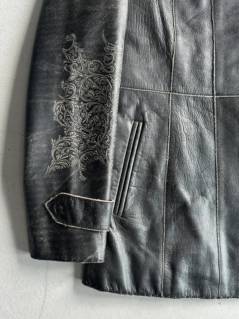 ARMANI JEANS - 1990s DISTRESSED LEATHER ORNAMENTAL PRINTS JACKET