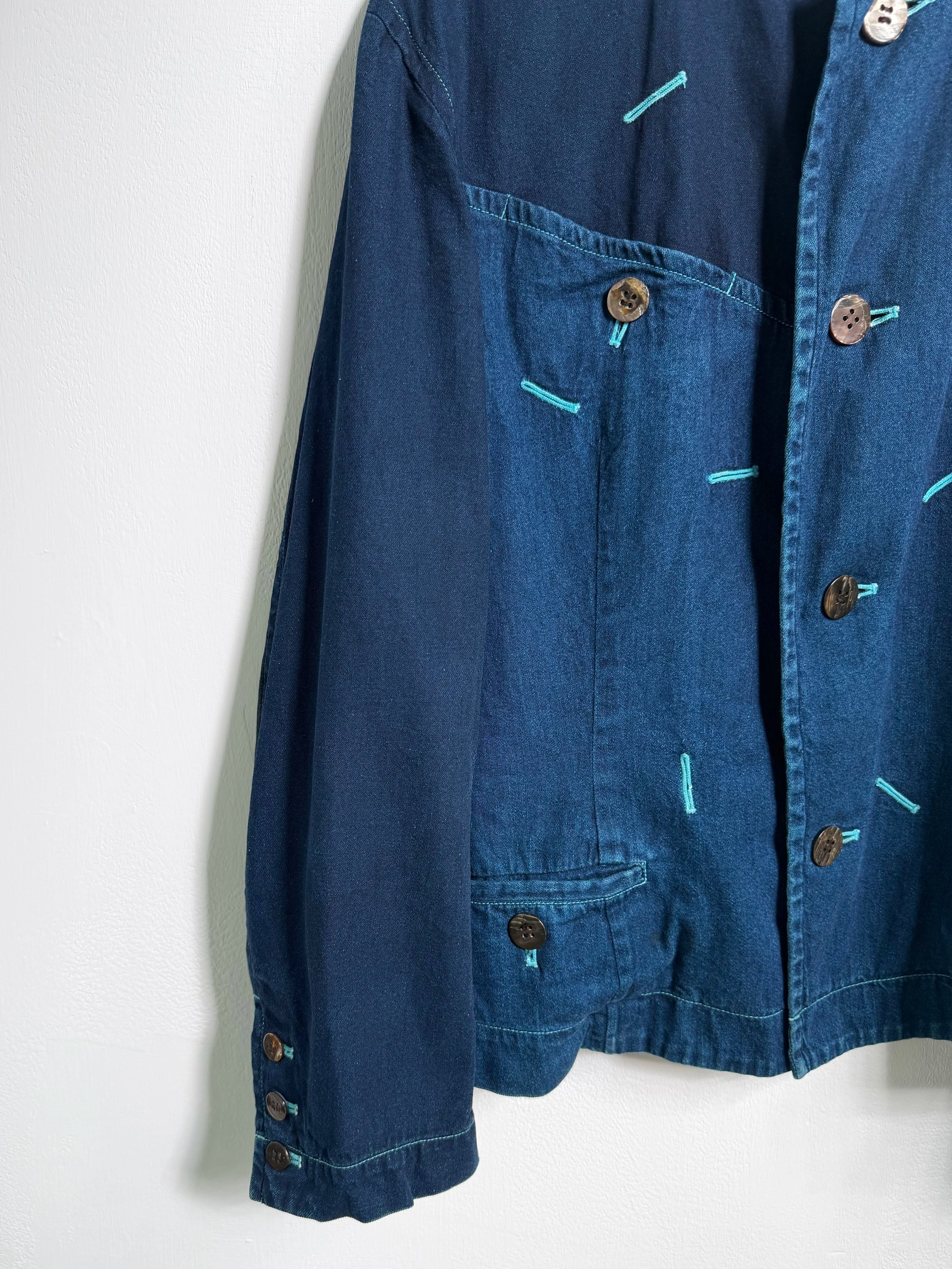 ISSEY MIYAKE - F/W 1993 PANELED DENIM JACKET WITH CONTRAST EMBROIDERED DETAILS ALL OVER