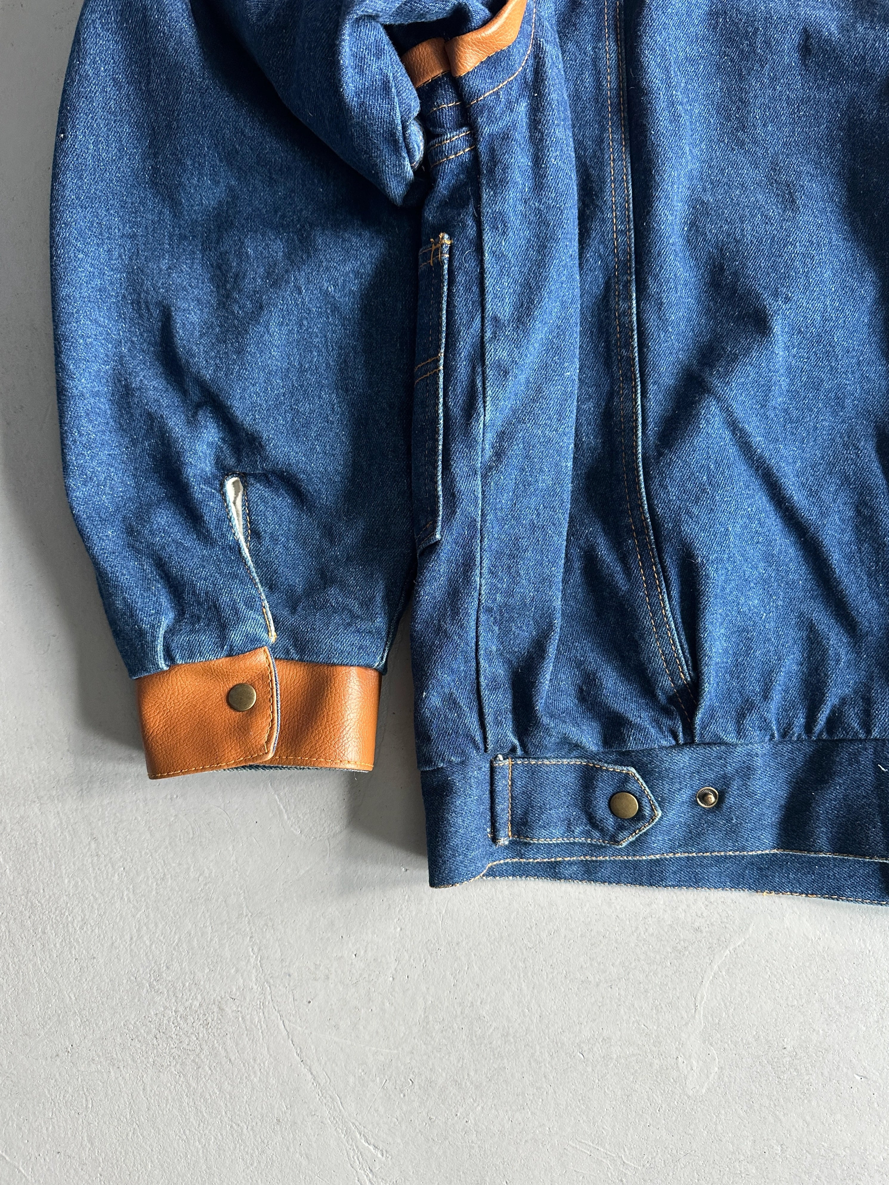 1980s FUNNEL NECK DENIM BOMBER JACKET WITH LEATHER DETAILS