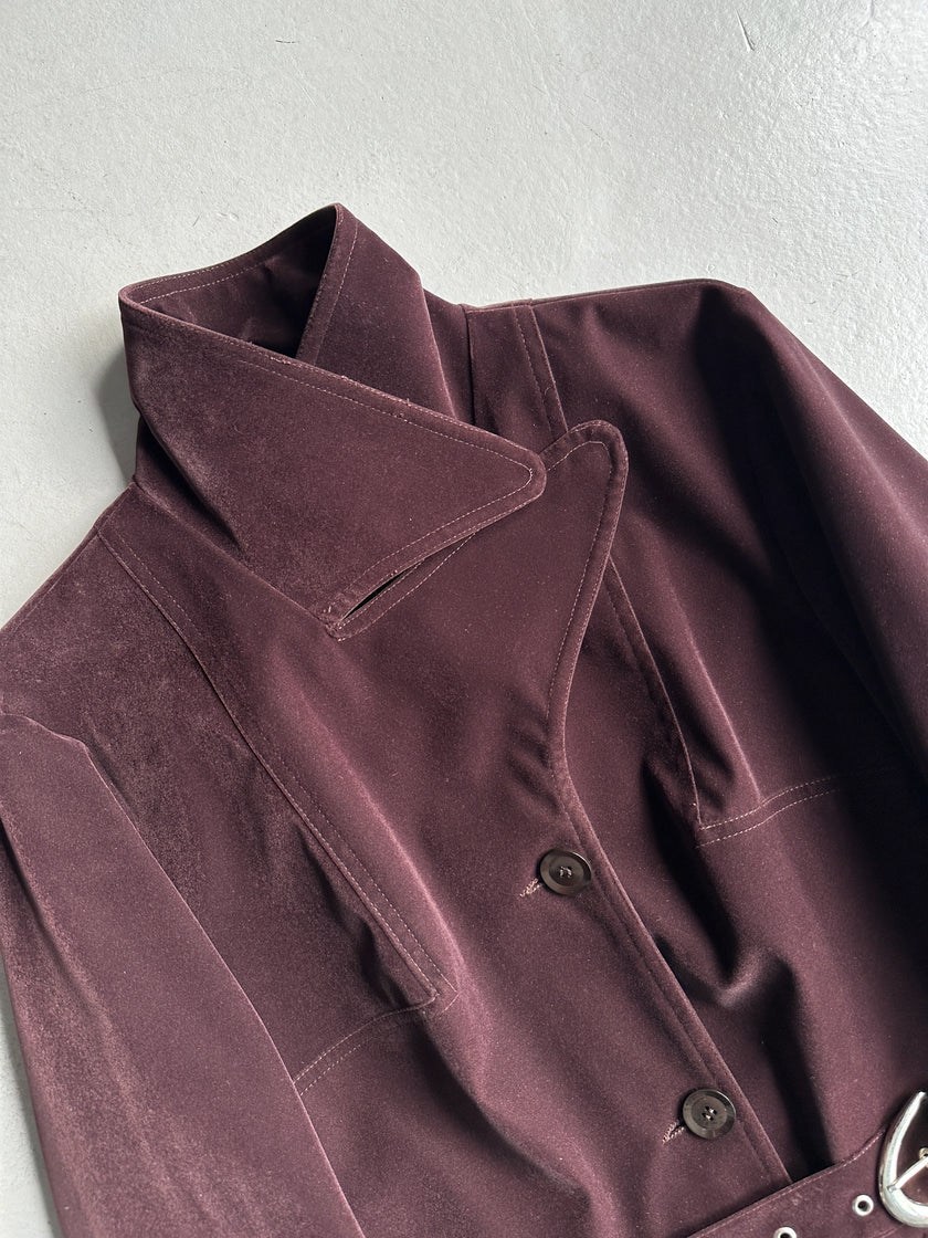 KATHARINE HAMNETT - 1990s VELVET BELTED TRENCH COAT