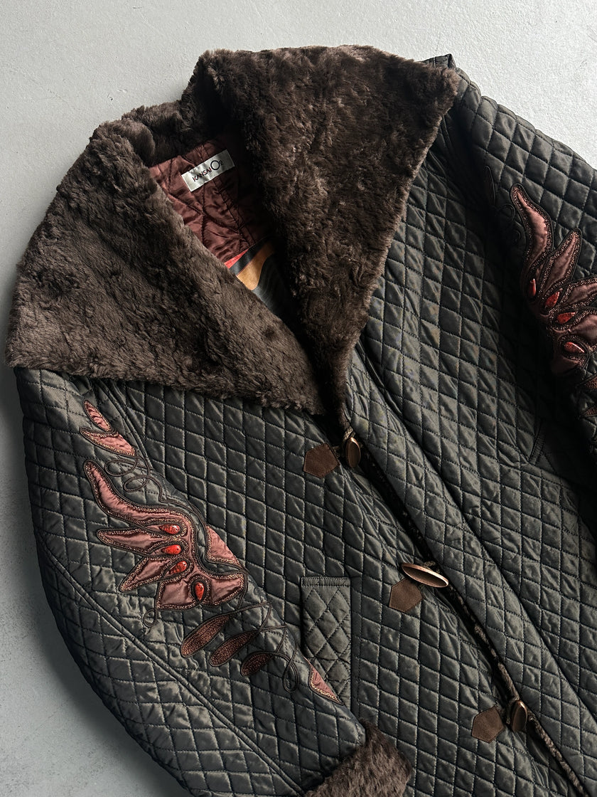 KANSAI YAMAMOTO - 1990s OVERSIZED QUILTED COAT WITH FUR COLLAR