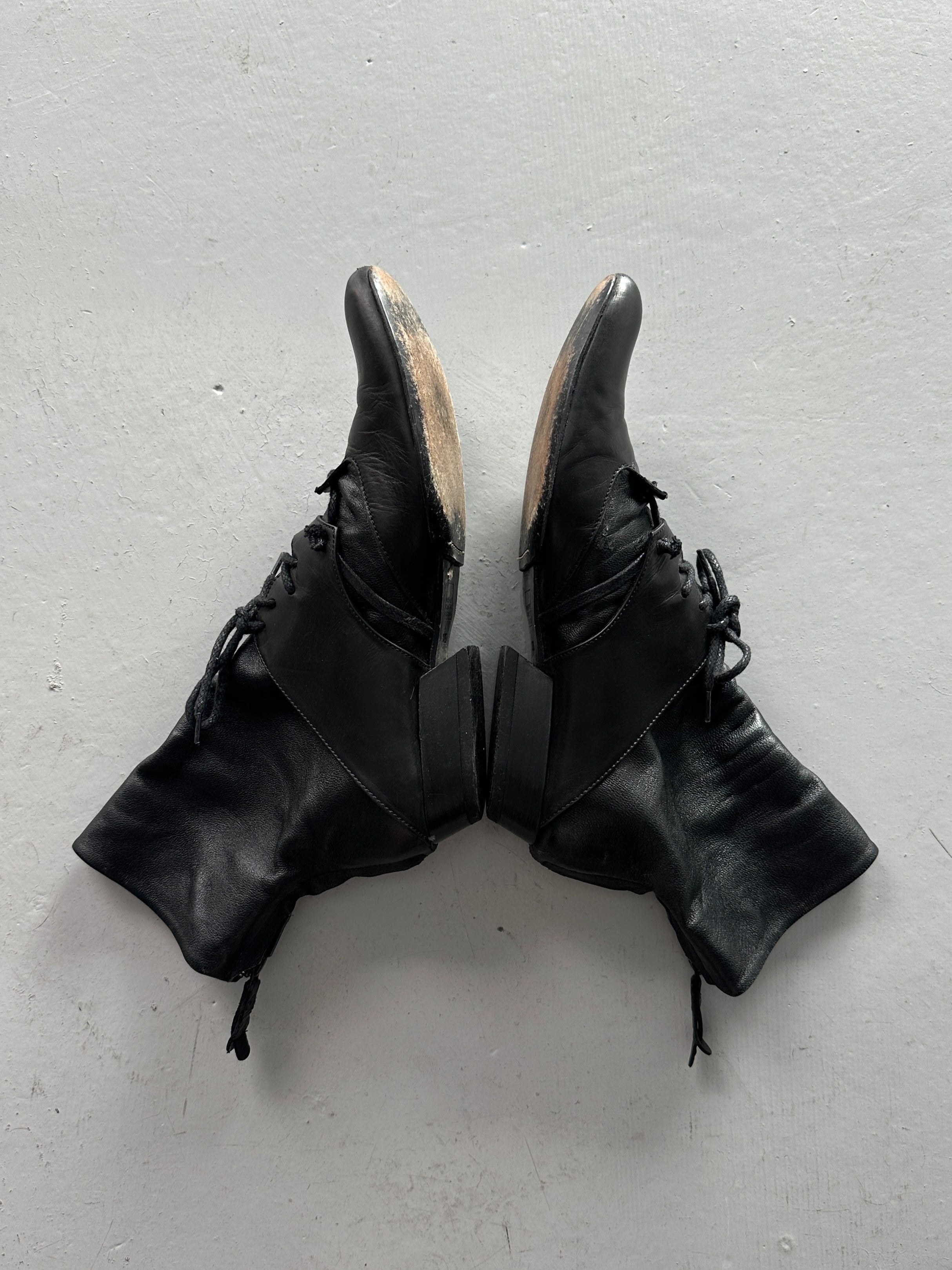 MARITHÉ + FRANÇOIS GIRBAUD - early 2000s SOFT LEATHER ANKLE BOOTS WITH LACE WRAPAROUND DETAILING