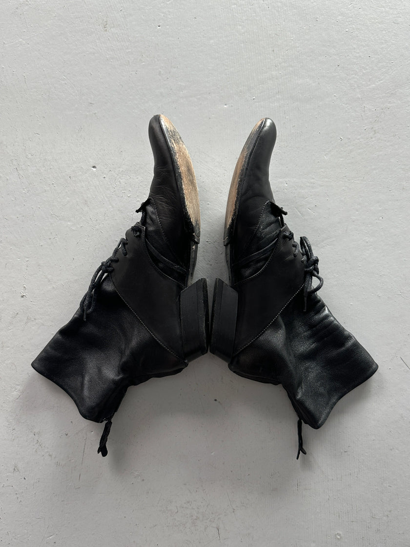 MARITHÉ + FRANÇOIS GIRBAUD - early 2000s SOFT LEATHER ANKLE BOOTS WITH LACE WRAPAROUND DETAILING
