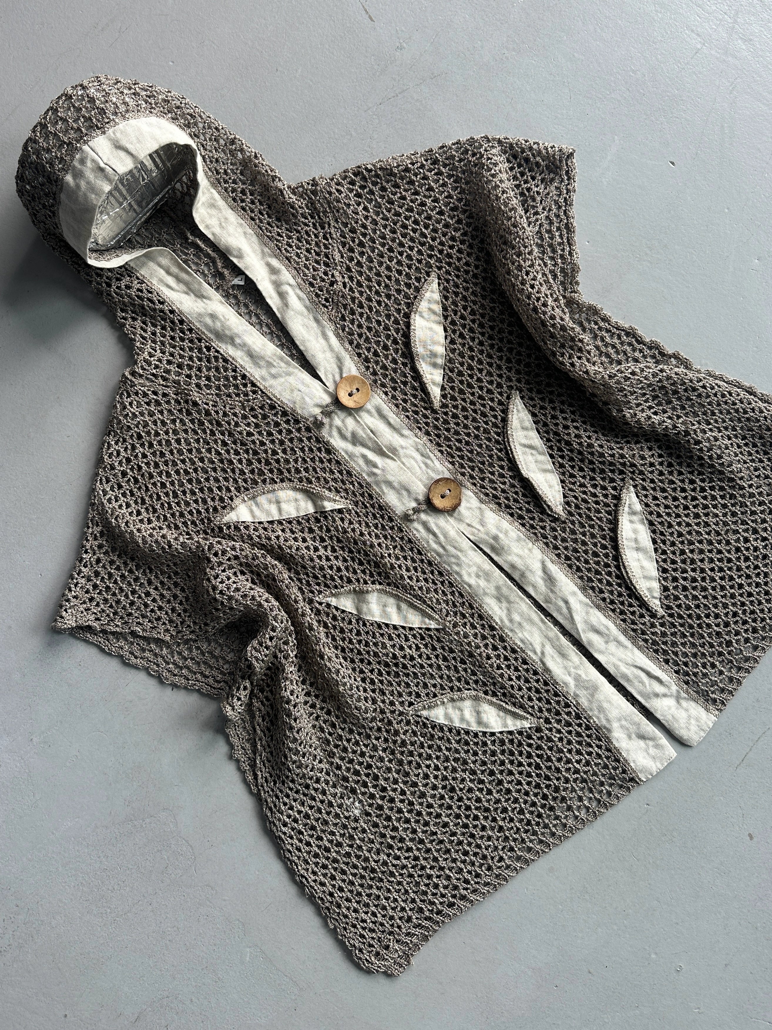 1990s OPEN KNIT HOODED CARDIGAN WITH LINEN DETAILS