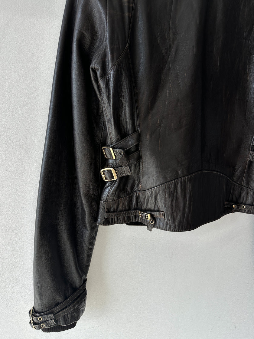 VERSACE - 2000s CROP FIT LEATHER JACKET WITH BONDAGE DETAILS