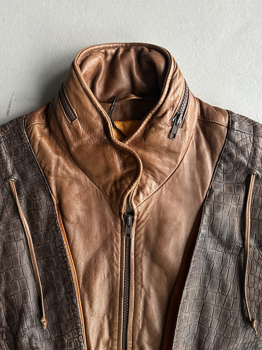 1990s PANELED BOMBER LEATHER JACKET WITH CROCODILE PRINT YOKE