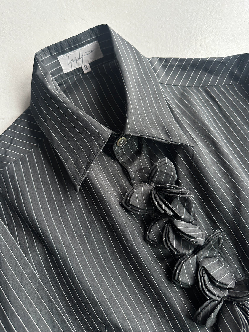 YOHJI YAMAMOTO - S/S 2003 PINSTRIPED SILK SHIRT WITH FLORAL RUFFLE DETAIL AT FRONT