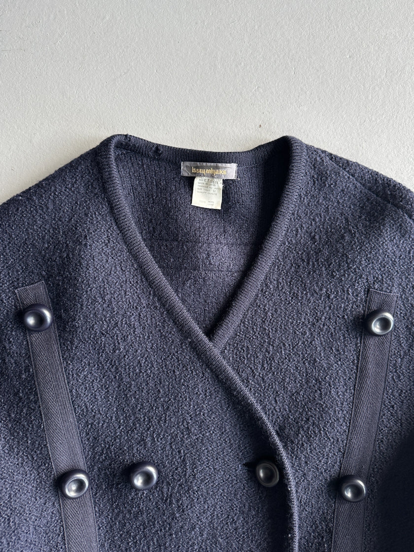 ISSEY MIYAKE - 1980s DOUBLE BREASTED WOOL CARDIGAN WITH SCARF/HOODIE
