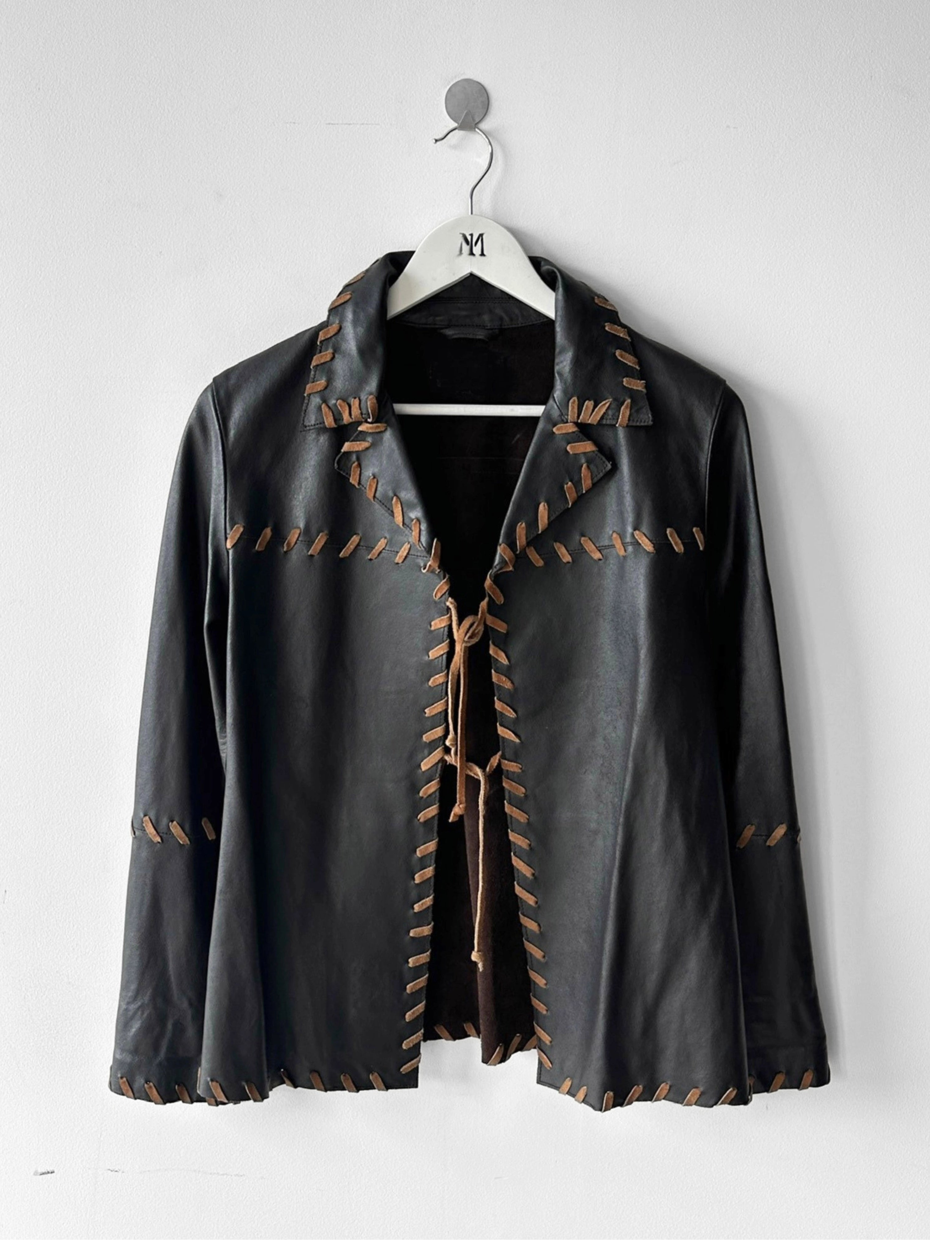 ITALIAN LABEL early 2000s OPEN FRONT LEATHER JACKET WITH WHIPSTITCH DETAILS
