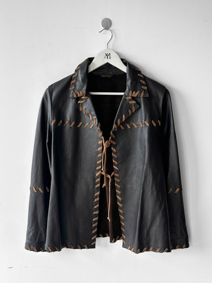 ITALIAN LABEL early 2000s OPEN FRONT LEATHER JACKET WITH WHIPSTITCH DETAILS