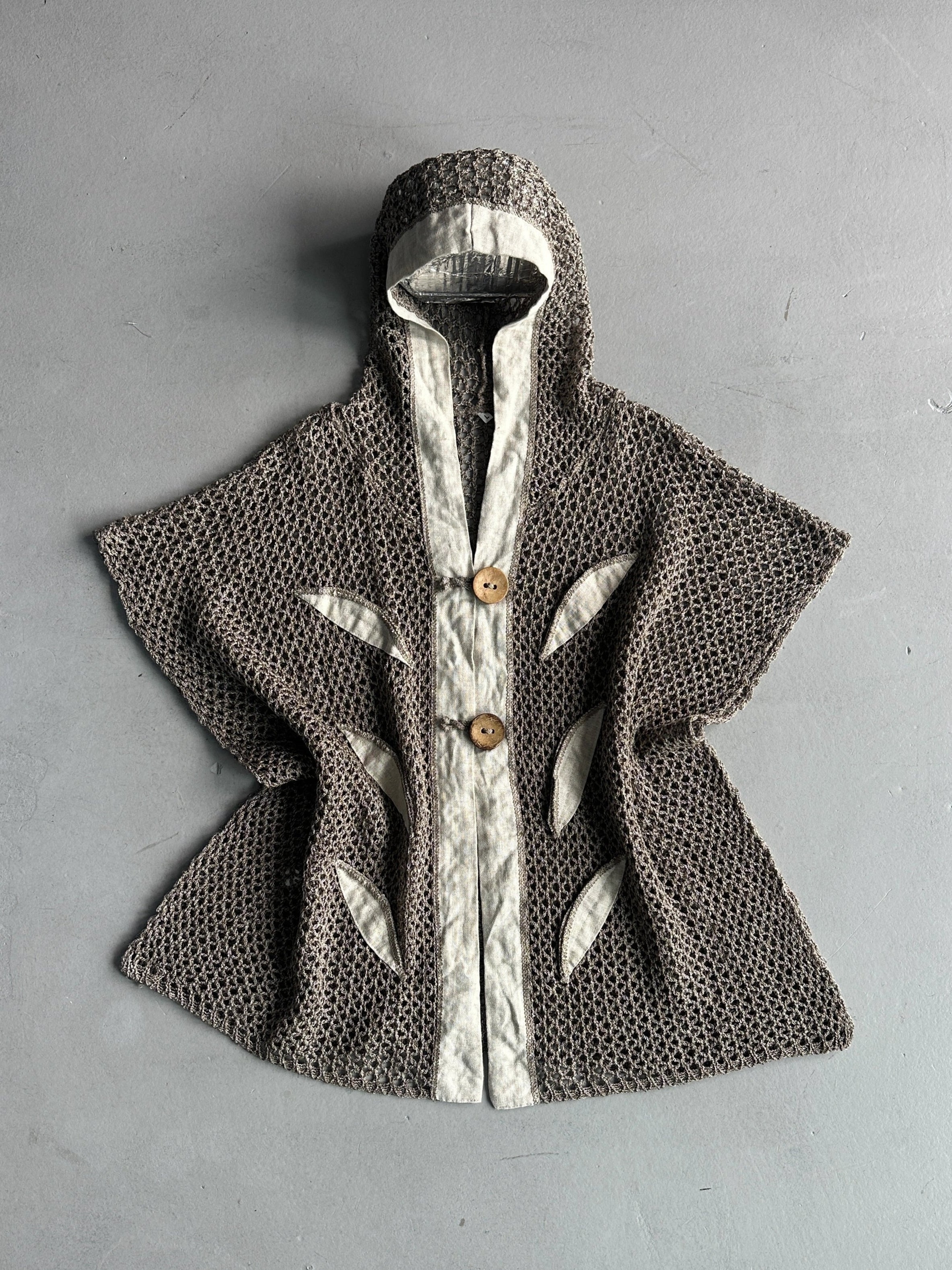 1990s OPEN KNIT HOODED CARDIGAN WITH LINEN DETAILS