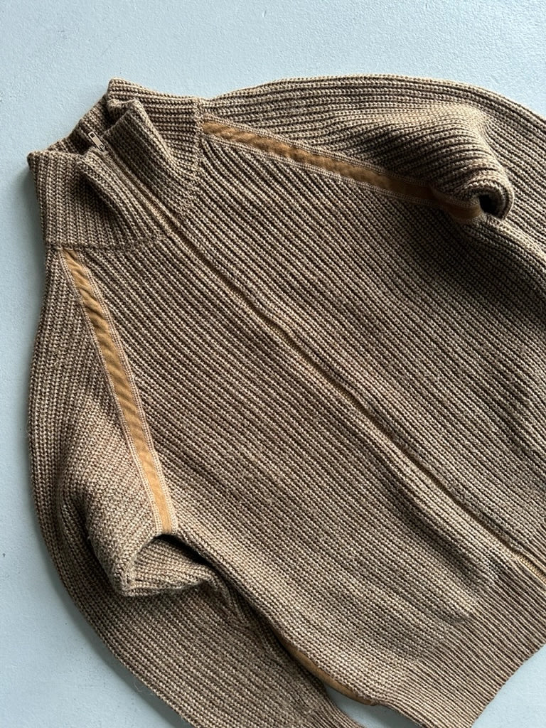 1980s CHUNKY KNIT ZIPPED CARDIGAN WITH SUEDE DETAILS