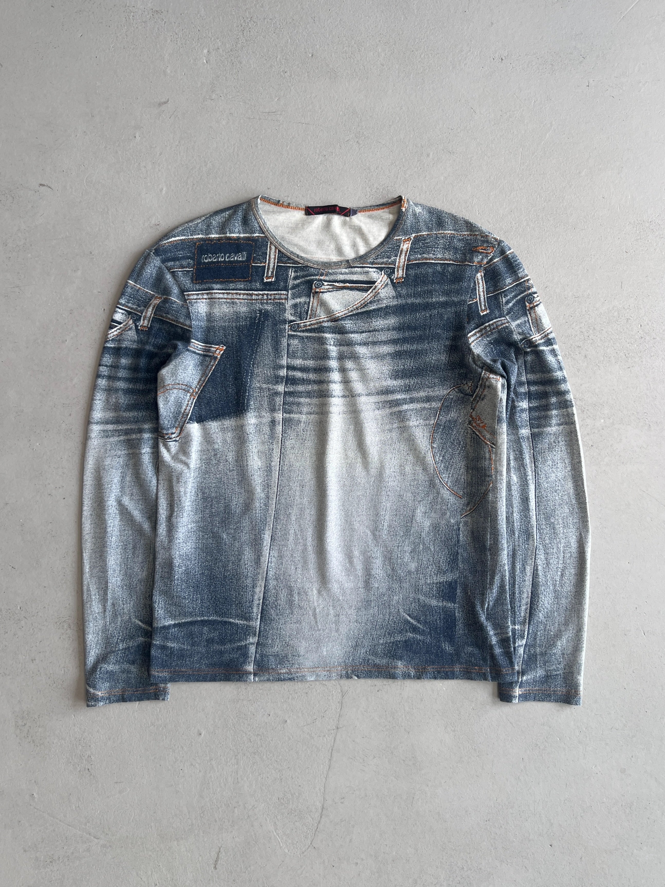 ROBERTO CAVALLI - 2000s DENIM PRINT LONG SLEEVE TOP
