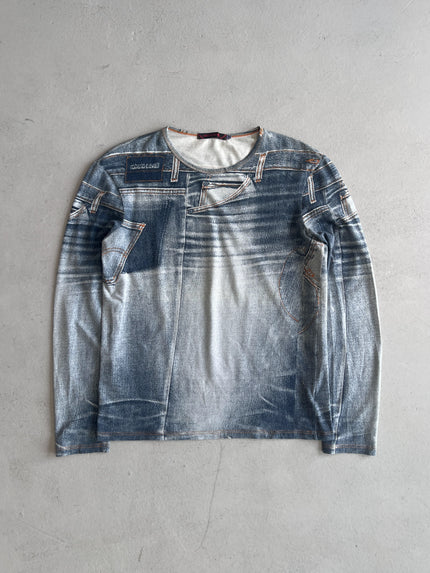 ROBERTO CAVALLI - 2000s DENIM PRINT LONG SLEEVE TOP