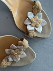 MOSCHINO - 1990s SUEDE SLIP ON HEELS WITH BEADED FLORAL APPLIQUÉ
