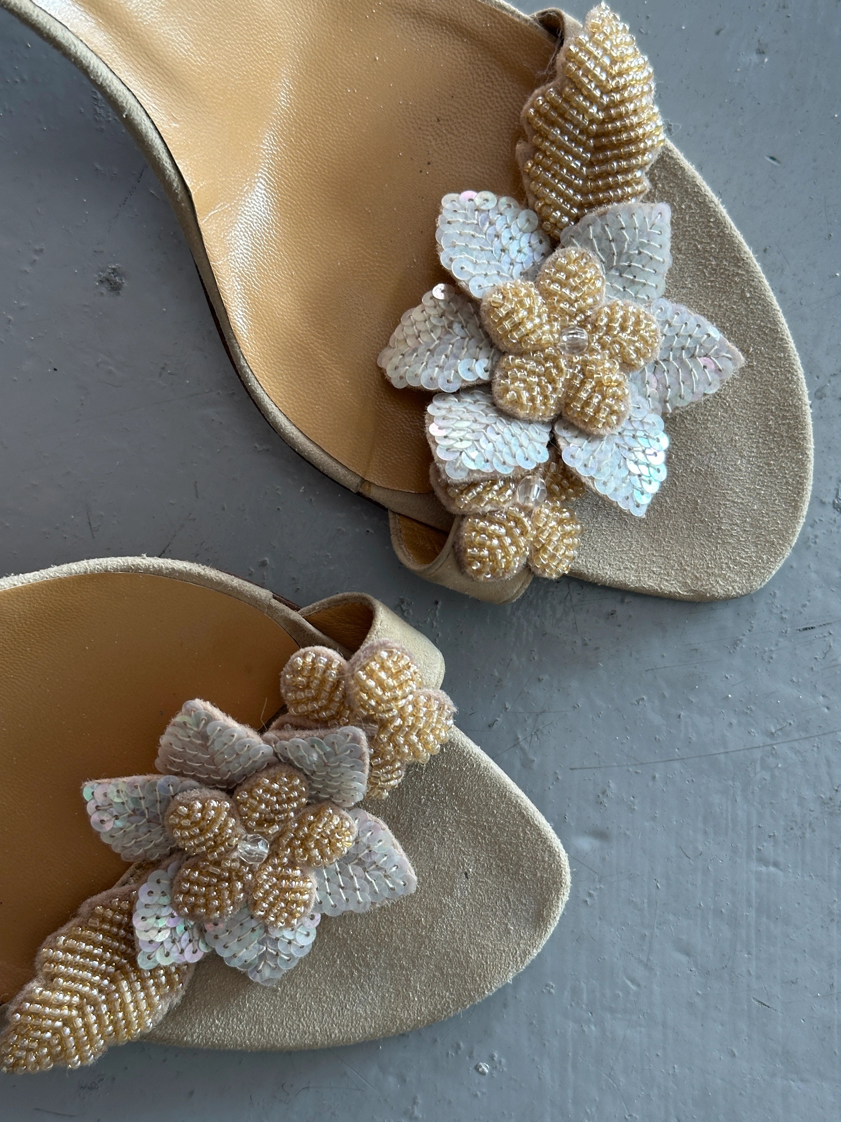 MOSCHINO - 1990s SUEDE SLIP ON HEELS WITH BEADED FLORAL APPLIQUÉ