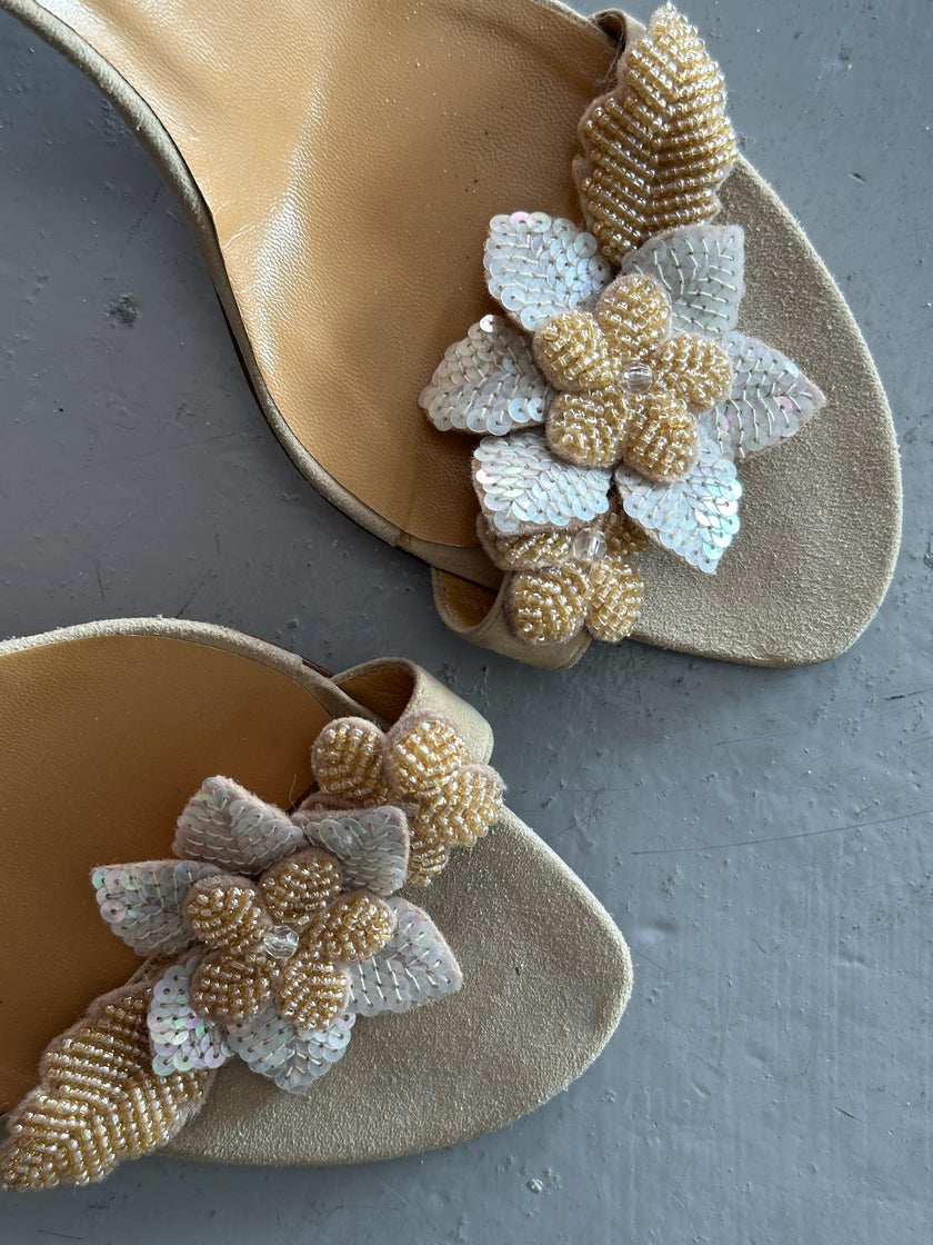 MOSCHINO - 1990s SUEDE SLIP ON HEELS WITH BEADED FLORAL APPLIQUÉ