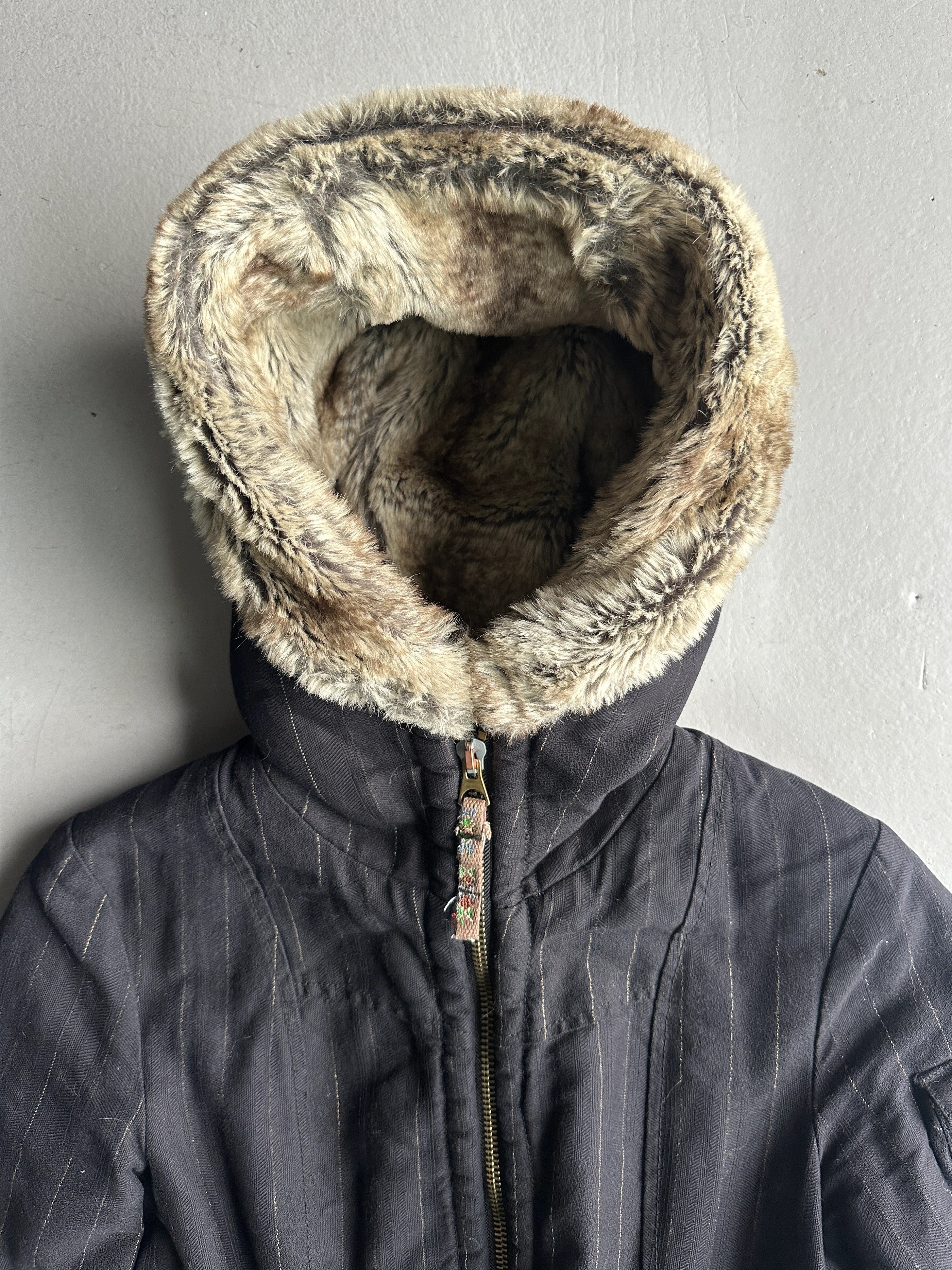 MARITHÉ + FRANÇOIS GIRBAUD - F/W 2005 LONG PINSTRIPE JACKET WITH FAUX FUR HOOD