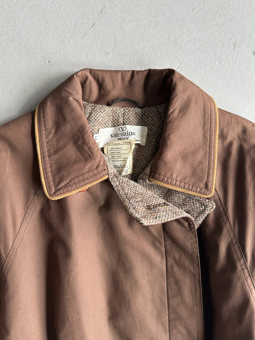 VALENTINO - 1980s BELTED TRENCH COAT WITH CONTRASTING TWEED INTERIOR