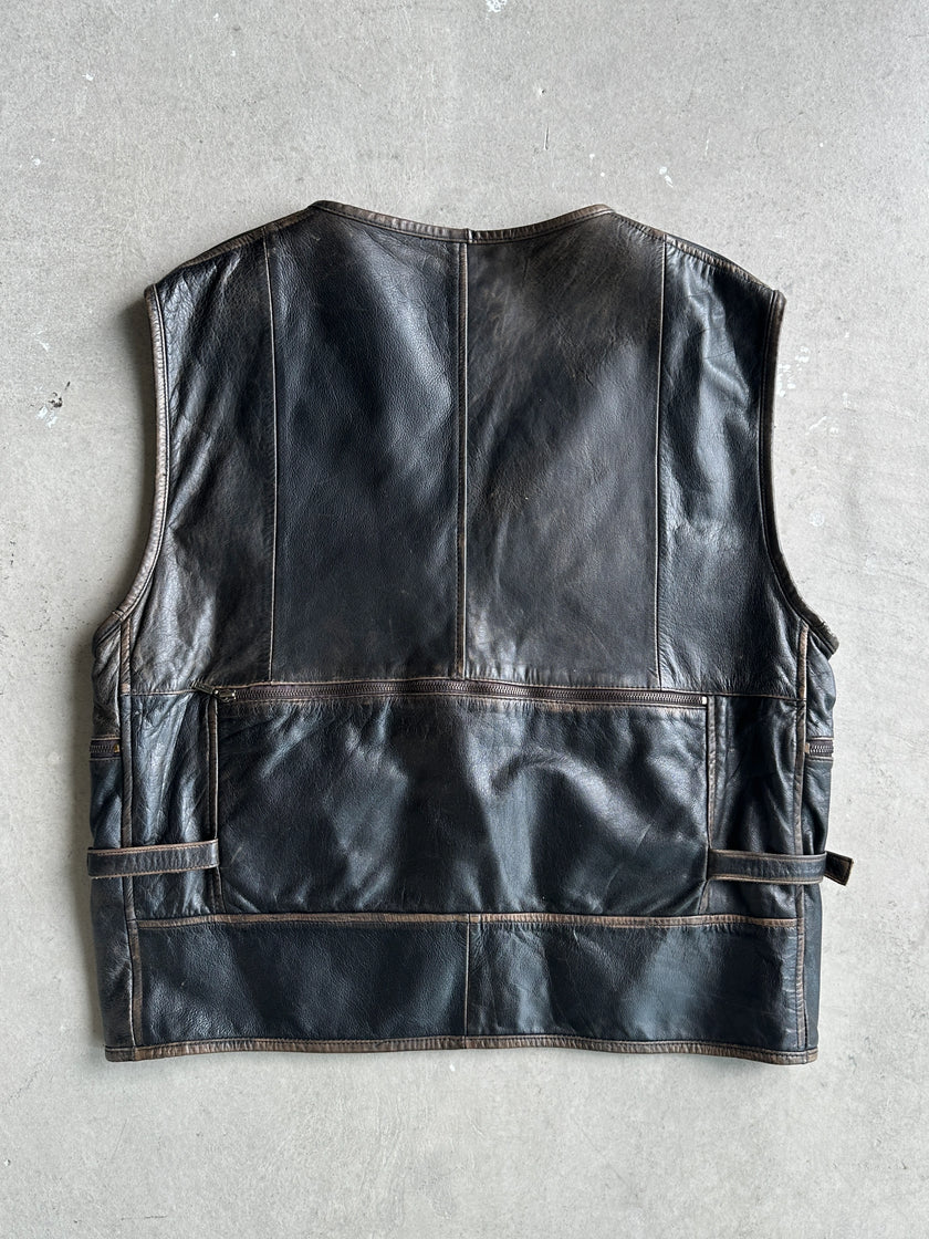 AVIATRIX - 1990s MULTI POCKETS LEATHER VEST GILET JACKET