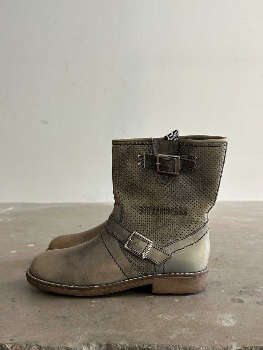 BIKKEMBERGS - 2000s PERFORATED DISTRESSED LEATHER ANKLE BOOTS