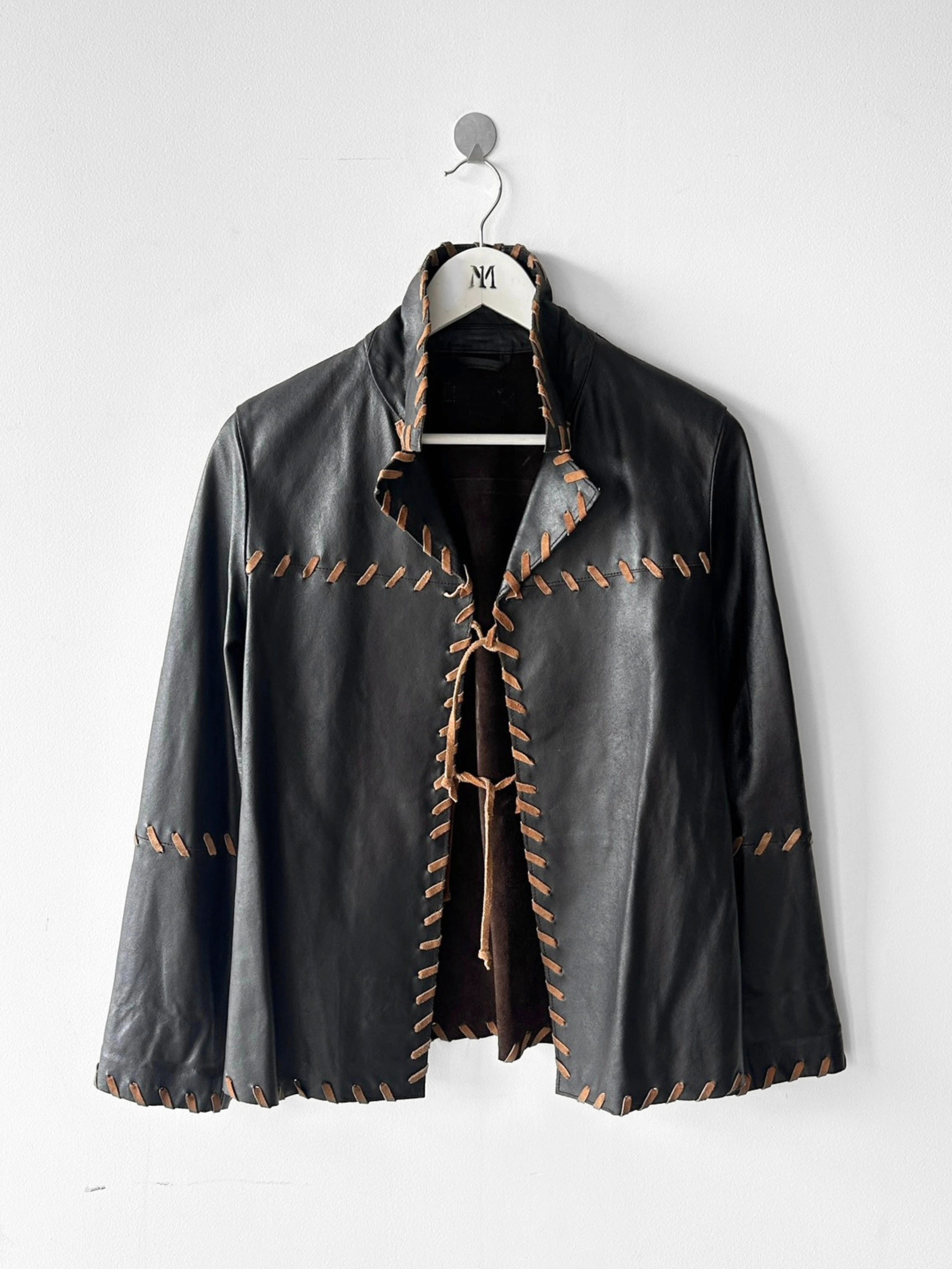 ITALIAN LABEL early 2000s OPEN FRONT LEATHER JACKET WITH WHIPSTITCH DETAILS