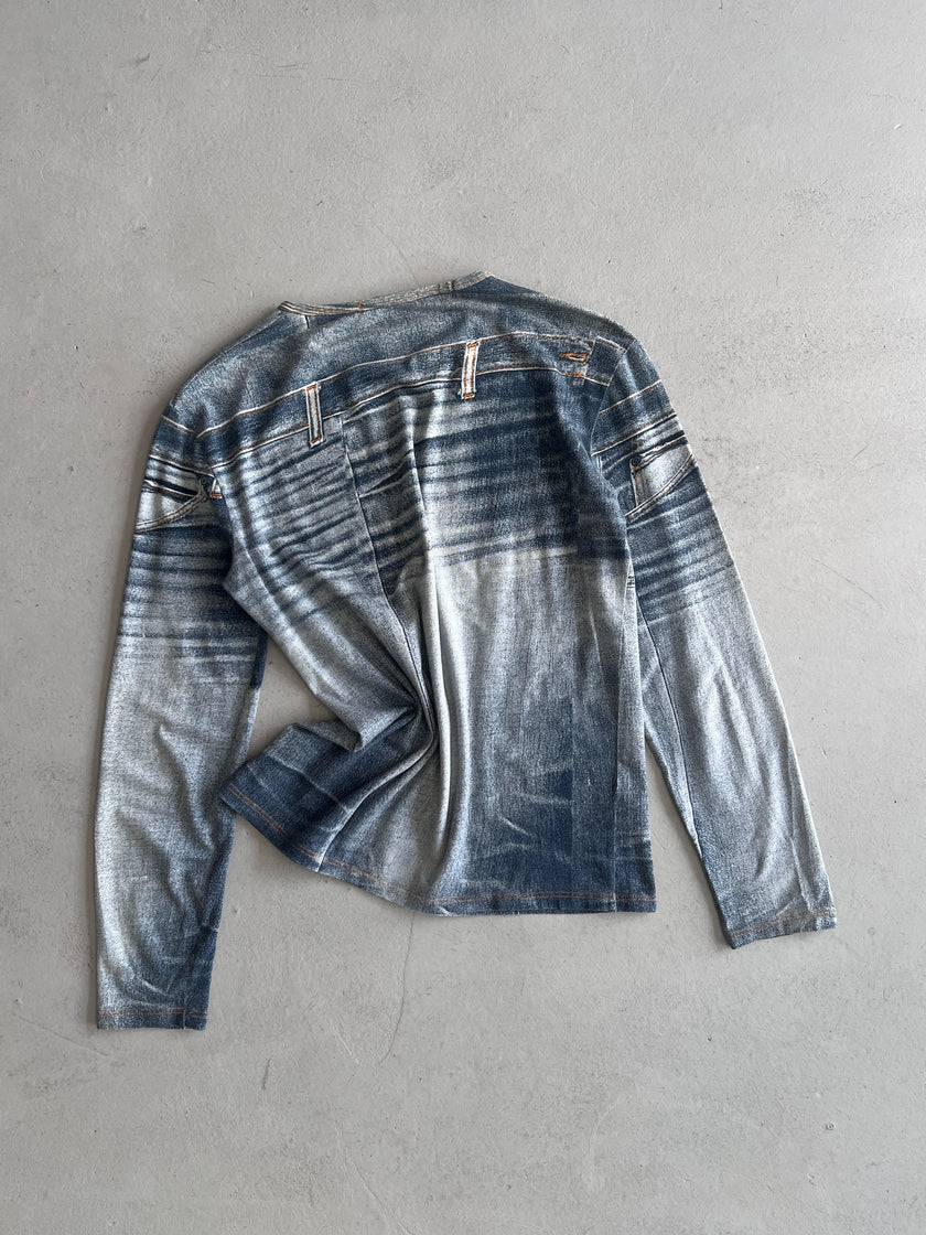 ROBERTO CAVALLI - 2000s DENIM PRINT LONG SLEEVE TOP