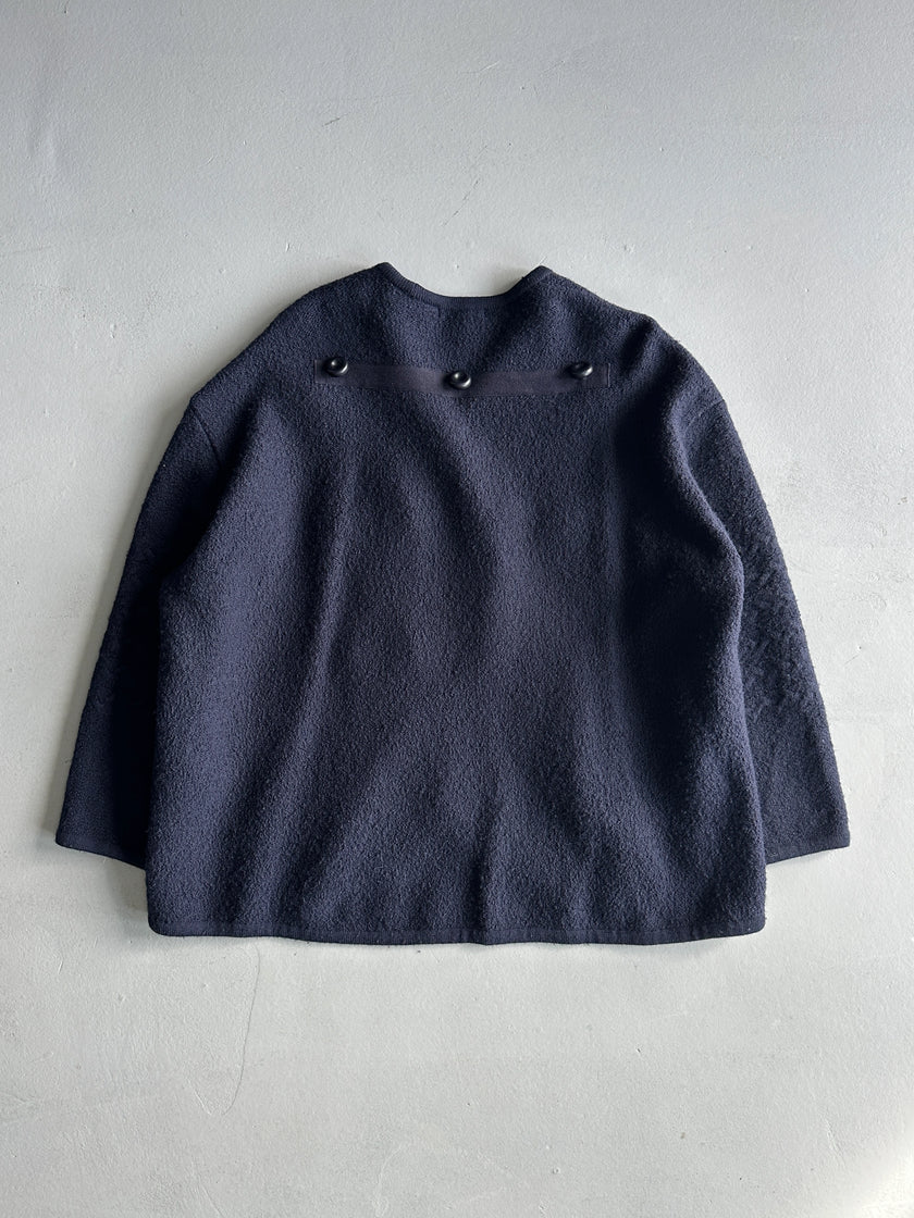 ISSEY MIYAKE - 1980s DOUBLE BREASTED WOOL CARDIGAN WITH SCARF/HOODIE