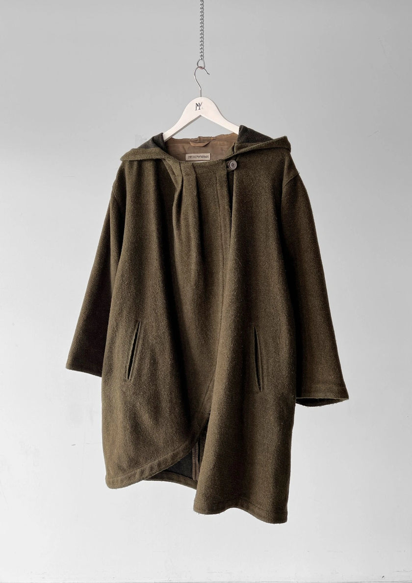 EMPORIO ARMANI – 1989/90 F/W DRAPED GREEN WOOL COAT WITH HOODED DETAILING