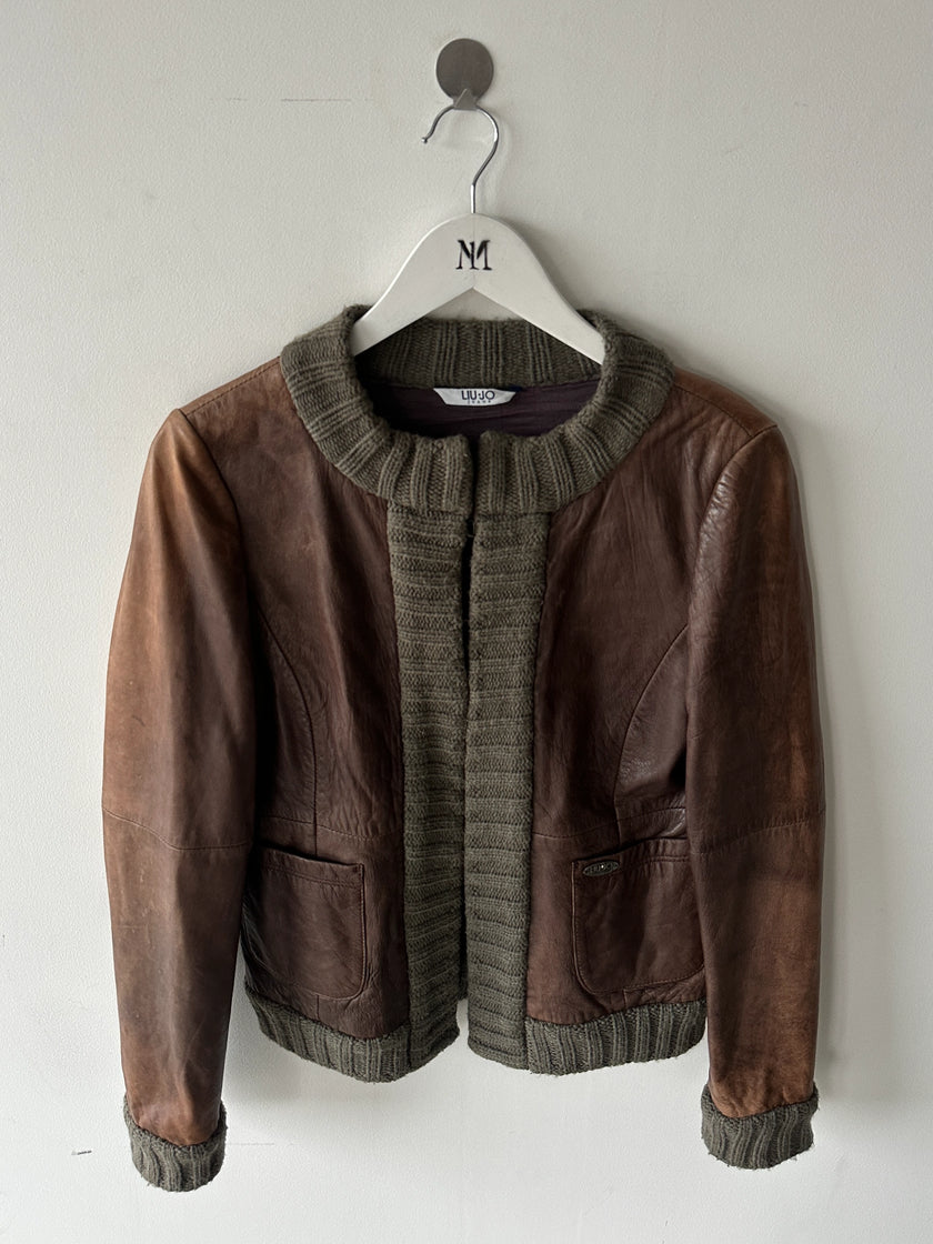 ITALIAN LABEL 2000s LEATHER JACKET WITH KNIT COLLAR AND FRONT PLACKET