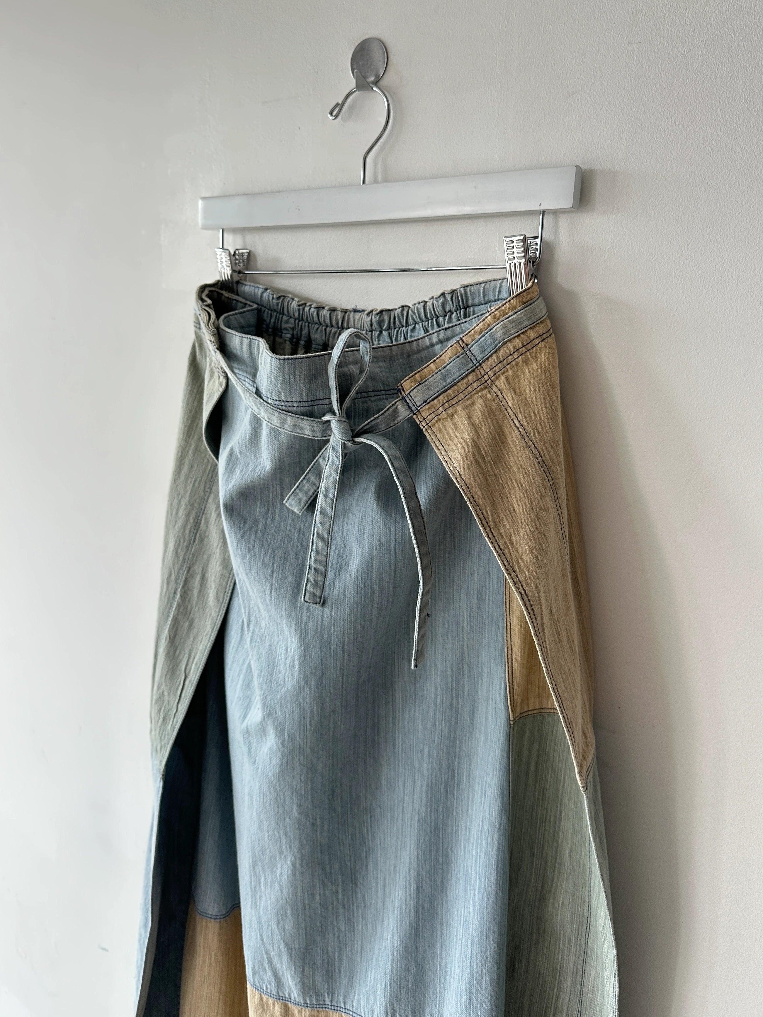 ISSEY MIYAKE HAI - 1980s PATCHWORK DENIM MAXI WRAP SKIRT