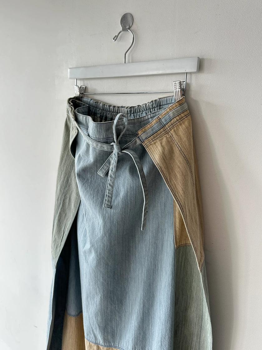 ISSEY MIYAKE HAI - 1980s PATCHWORK DENIM MAXI WRAP SKIRT