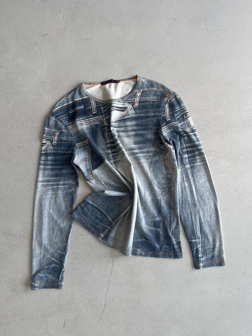 ROBERTO CAVALLI - 2000s DENIM PRINT LONG SLEEVE TOP
