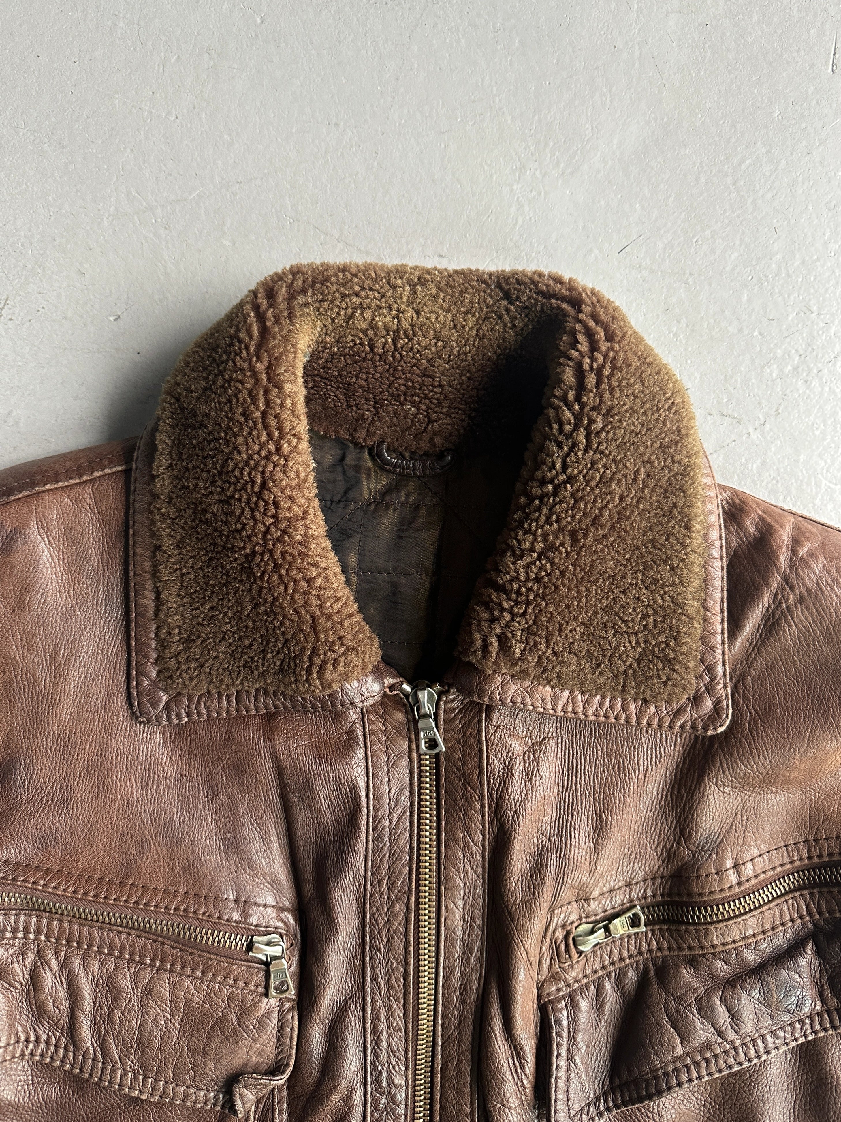 GIANNI VERSACE - 1980s LEATHER AVIATOR BOMBER JACKET WITH SHEARLING COLLAR