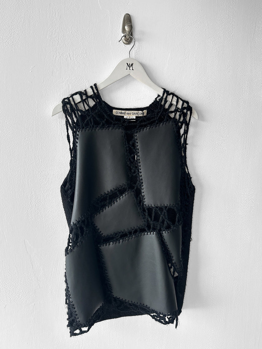 COMME DES GARÇONS - F/W 2024 DECONSTRUCTED CROCHET VEST TOP WITH FAUX LEATHER APPLIQUÉS