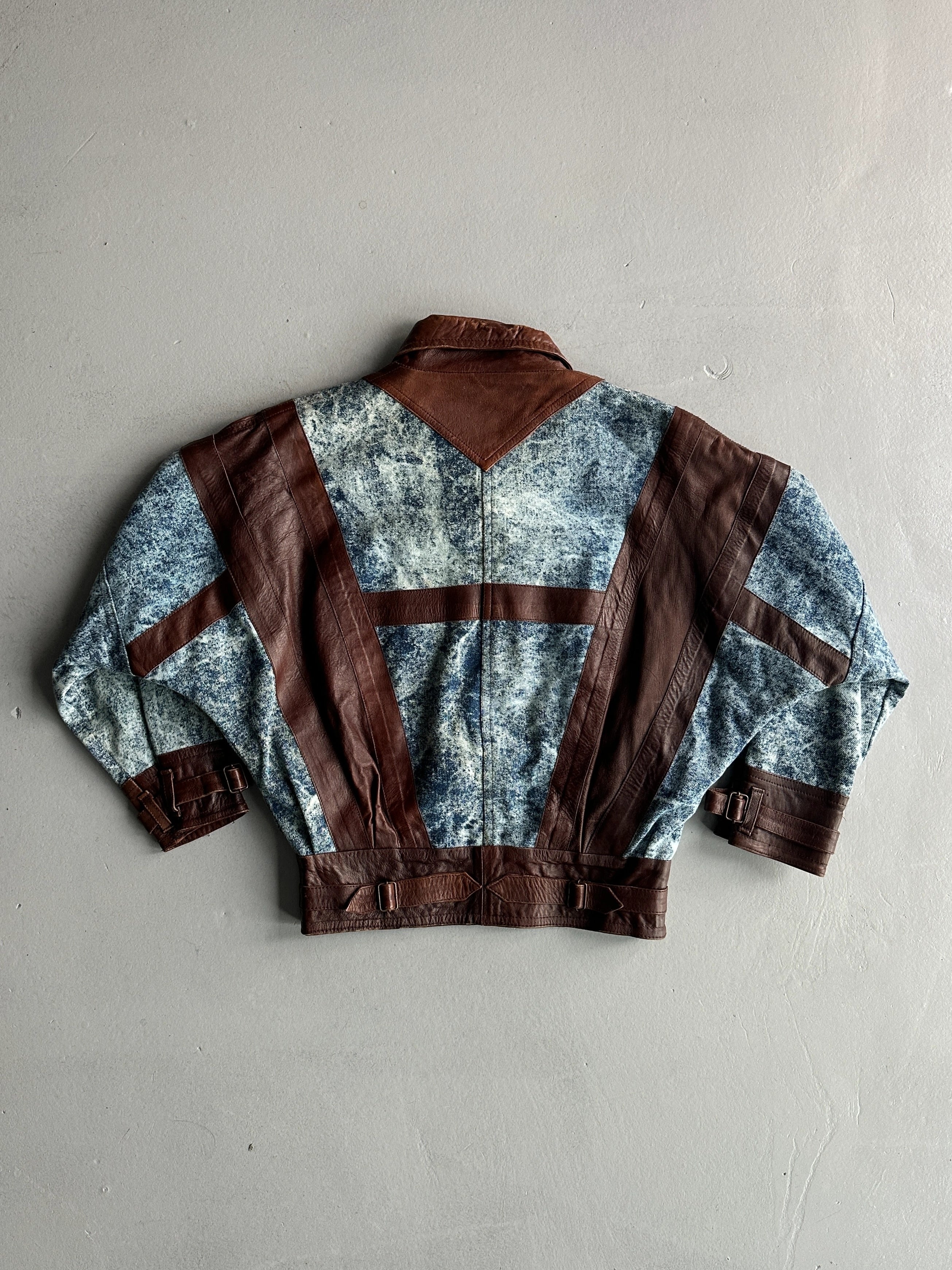 1980s DENIM BOMBER JACKET WITH LEATHER DETAILS